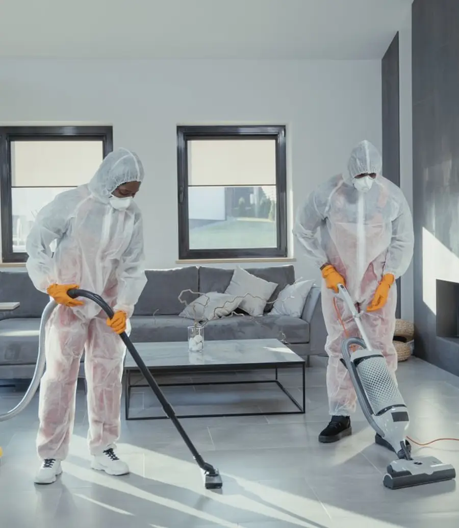 Two cleanup technicians in protective suits sanitising a living room