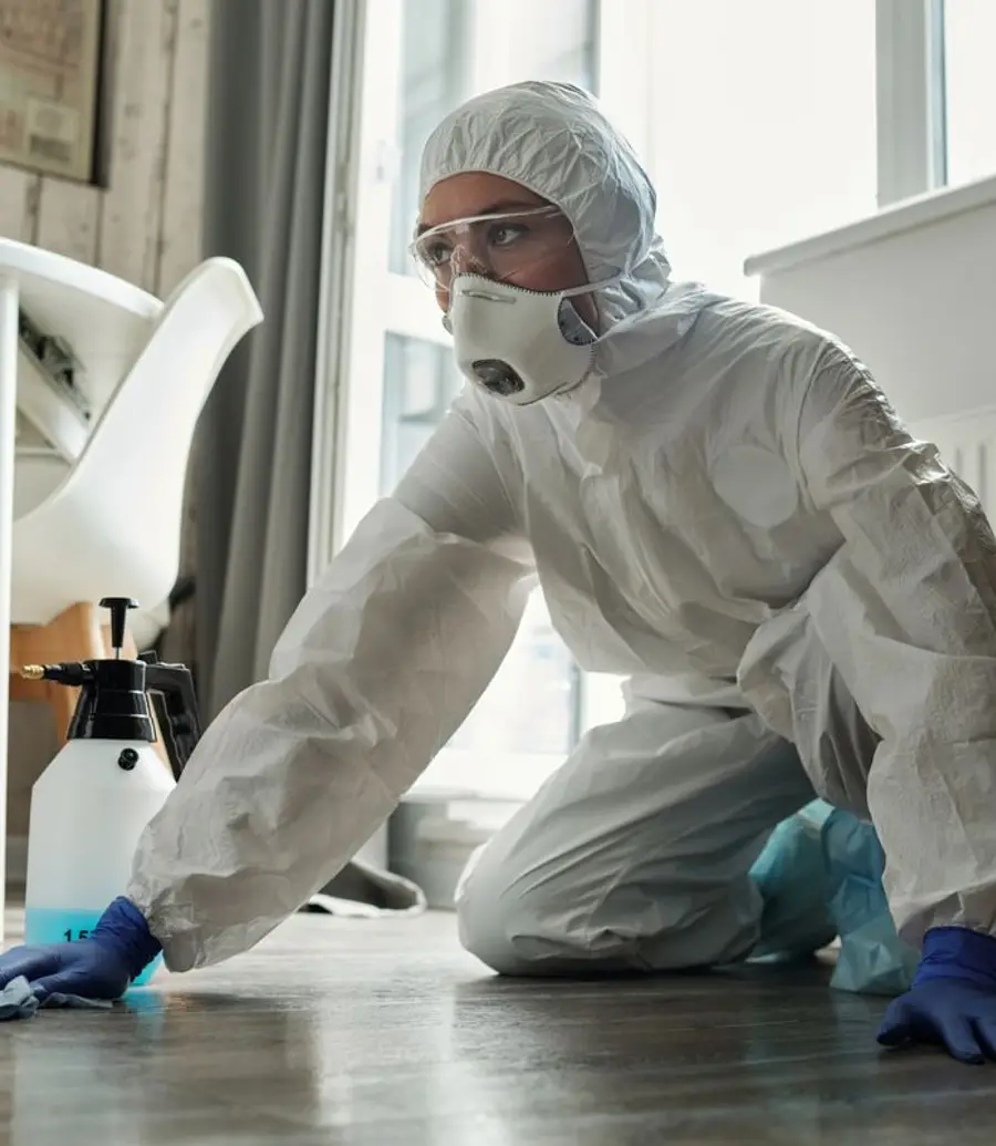 Cleanup technician in full protective equipment working on site