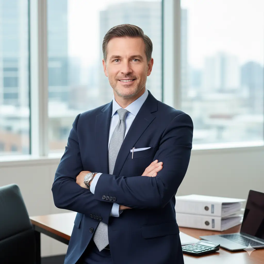 Financial professional standing in a high-rise office