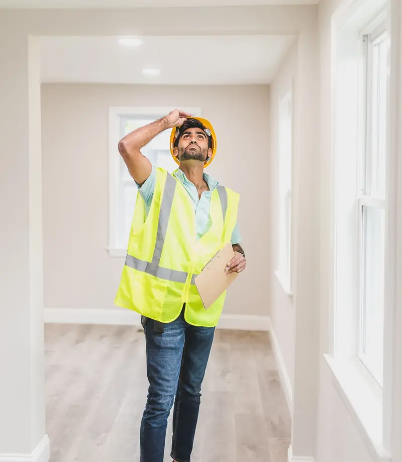 Contractor with a clipboard inspecting a finished home interior