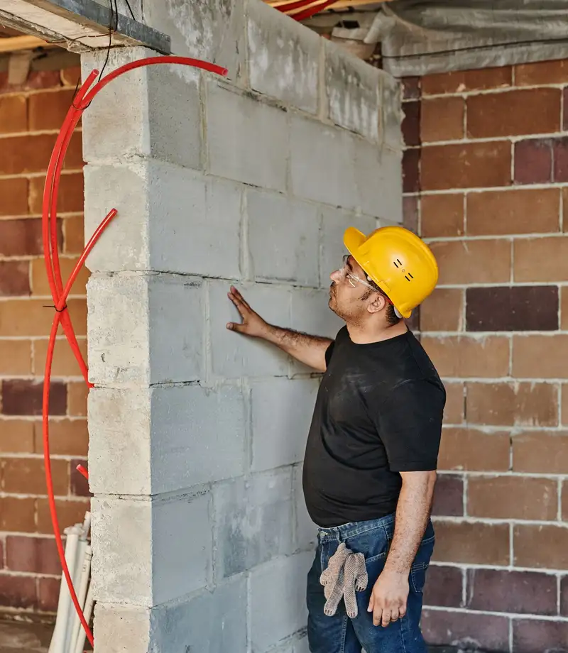 Builder inspecting a block wall on a construction site