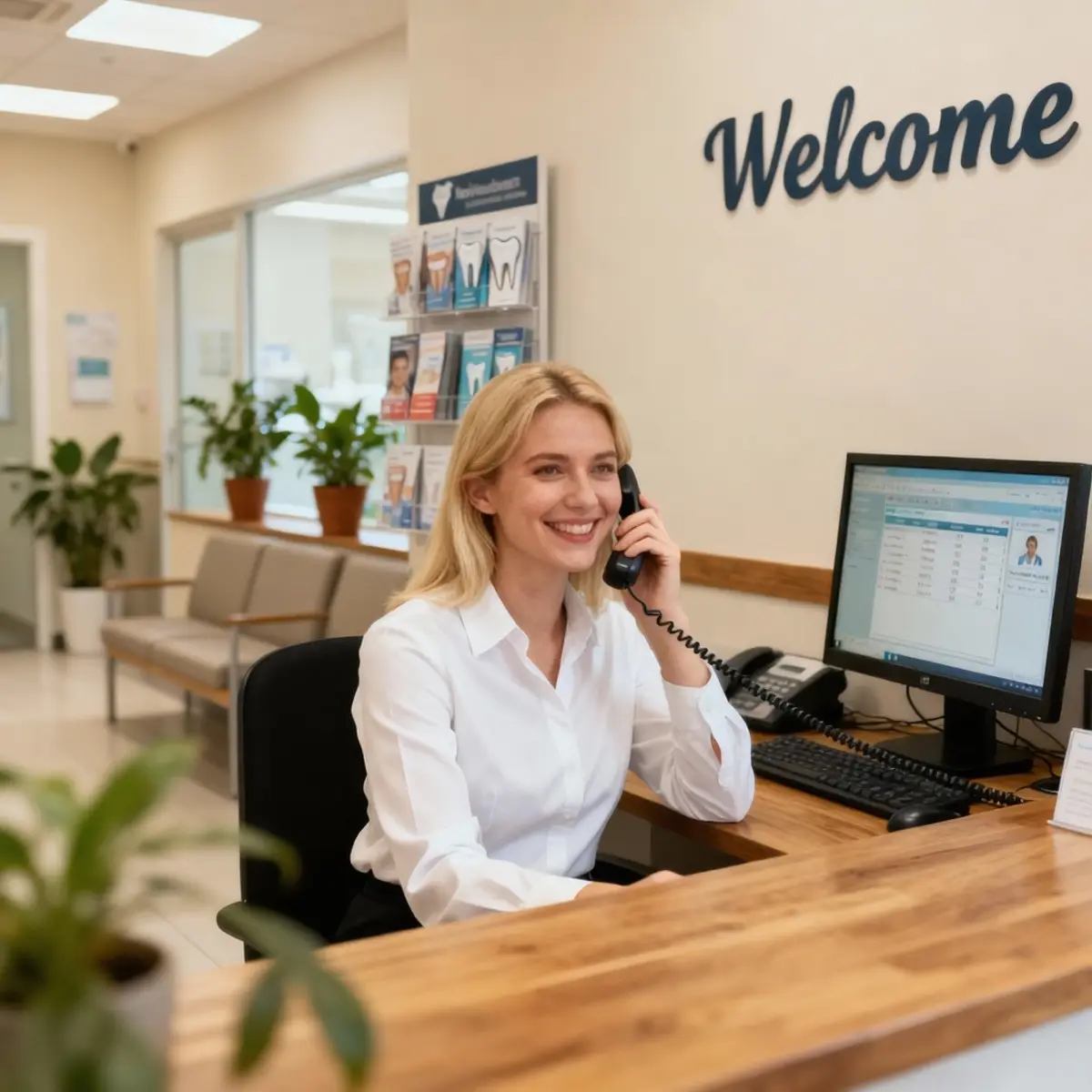 Clinic receptionist welcoming a patient at the front desk