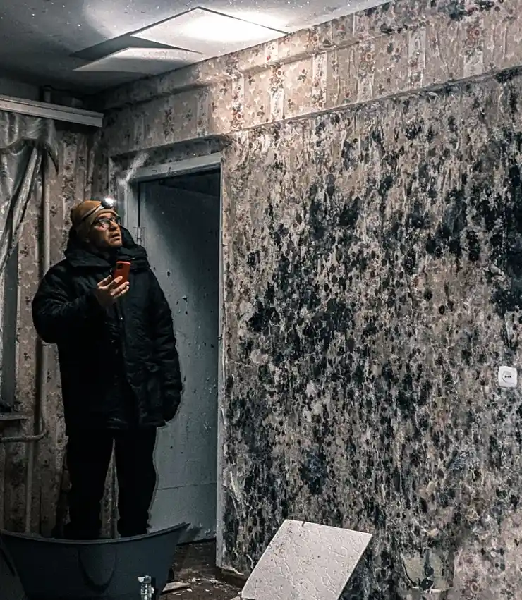 Technician using a flashlight to inspect a mold-covered wall in low light