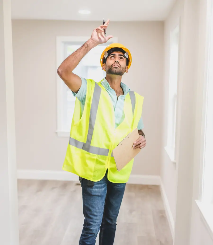 Worker in a vest and hard hat inspecting a ceiling during a daytime visit