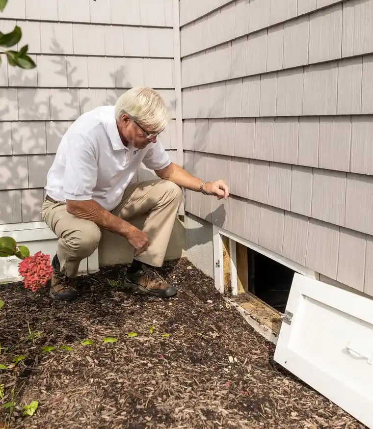Inspector examining a crawl space entrance during a home inspection