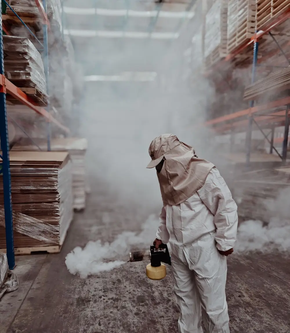 Pest control technician in protective gear fumigating a warehouse aisle