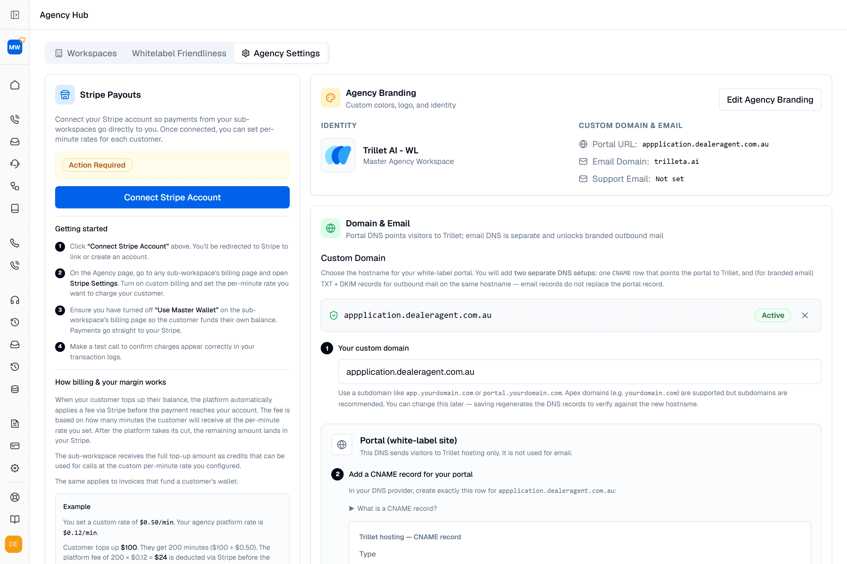 Trillet Agency Hub — Stripe payouts with custom per-minute rates and margin example, agency branding with custom colors and logo, and custom domain setup with portal URL and email domain