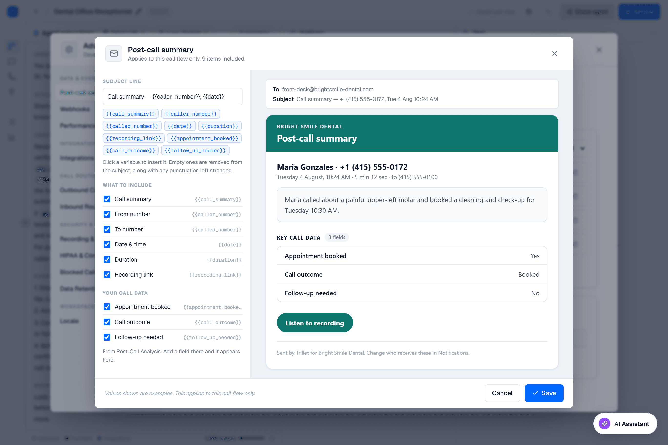 Trillet post-call summary email builder with a live branded preview
