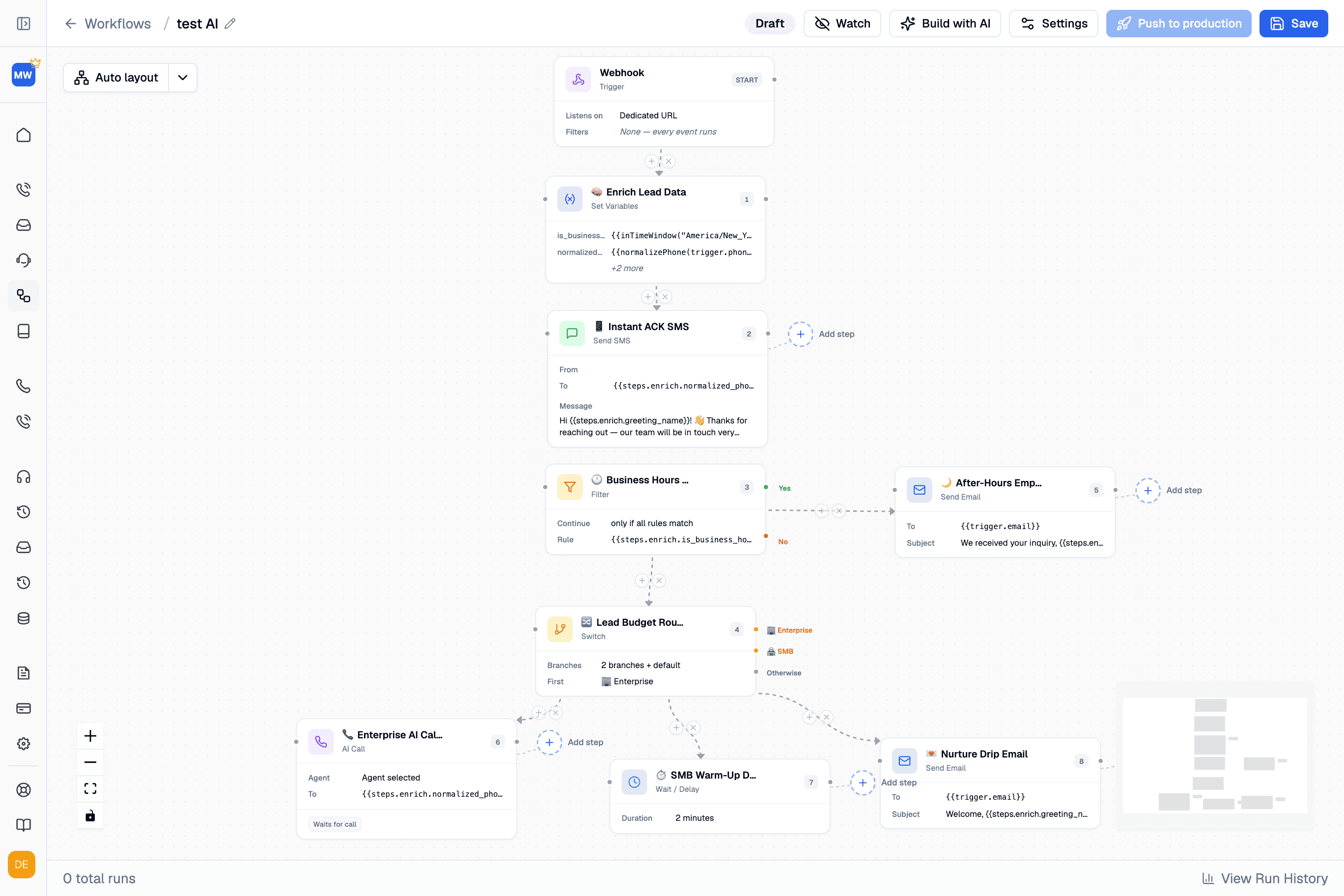 Trillet workflow editor — a speed-to-lead workflow with a webhook trigger, lead enrichment, instant acknowledgment SMS, business-hours filter, Enterprise/SMB switch, AI call step, warm-up delay and nurture email, with Build with AI and Push to production controls