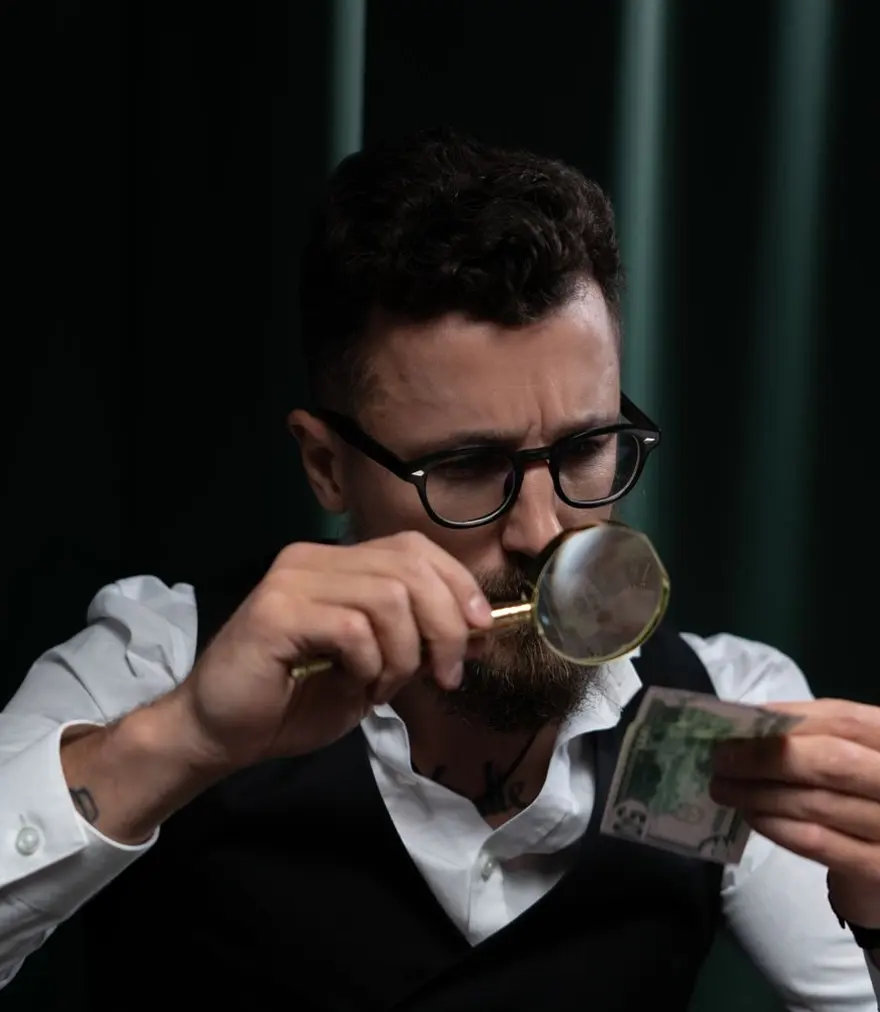 Man examining a document closely through a magnifying glass