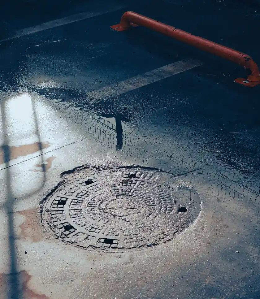 Manhole cover set into paving