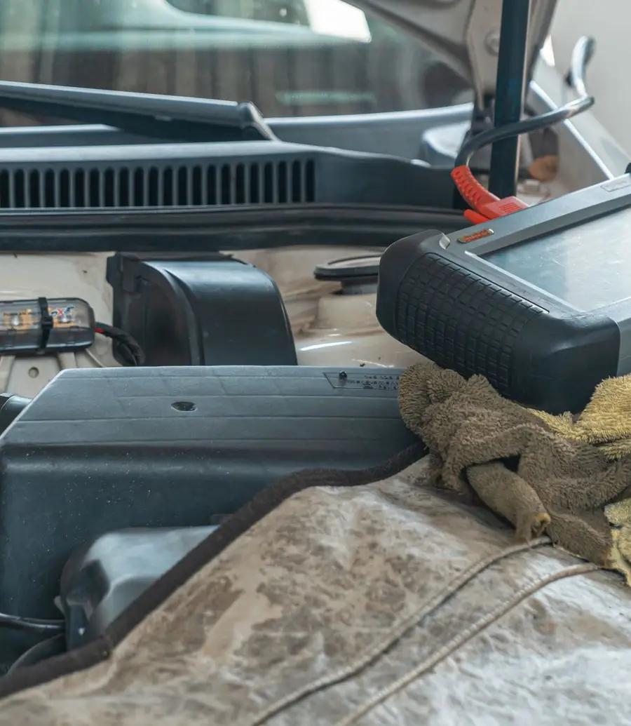 Mechanic using a diagnostic tool on a car engine