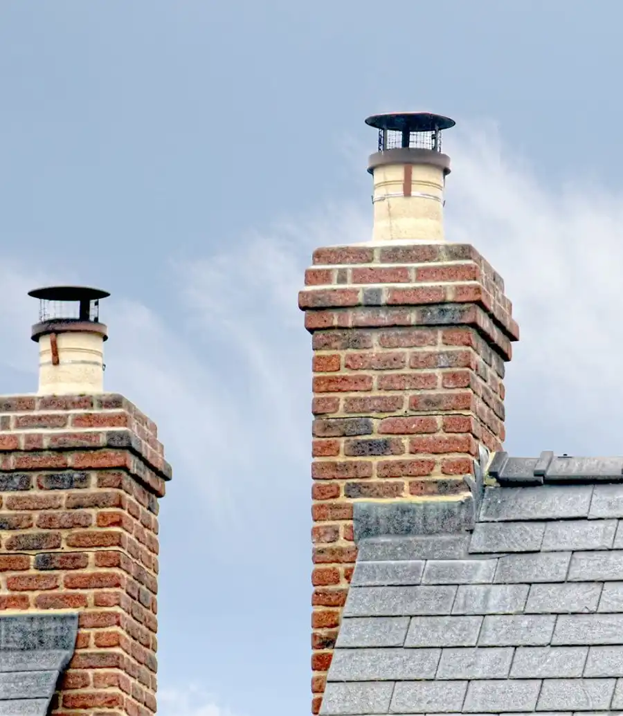 Traditional brick chimneys on a slate roof
