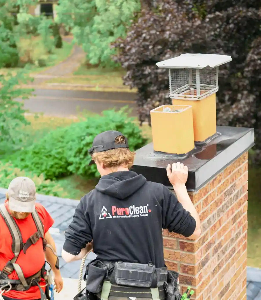 Two technicians inspecting a chimney on a rooftop