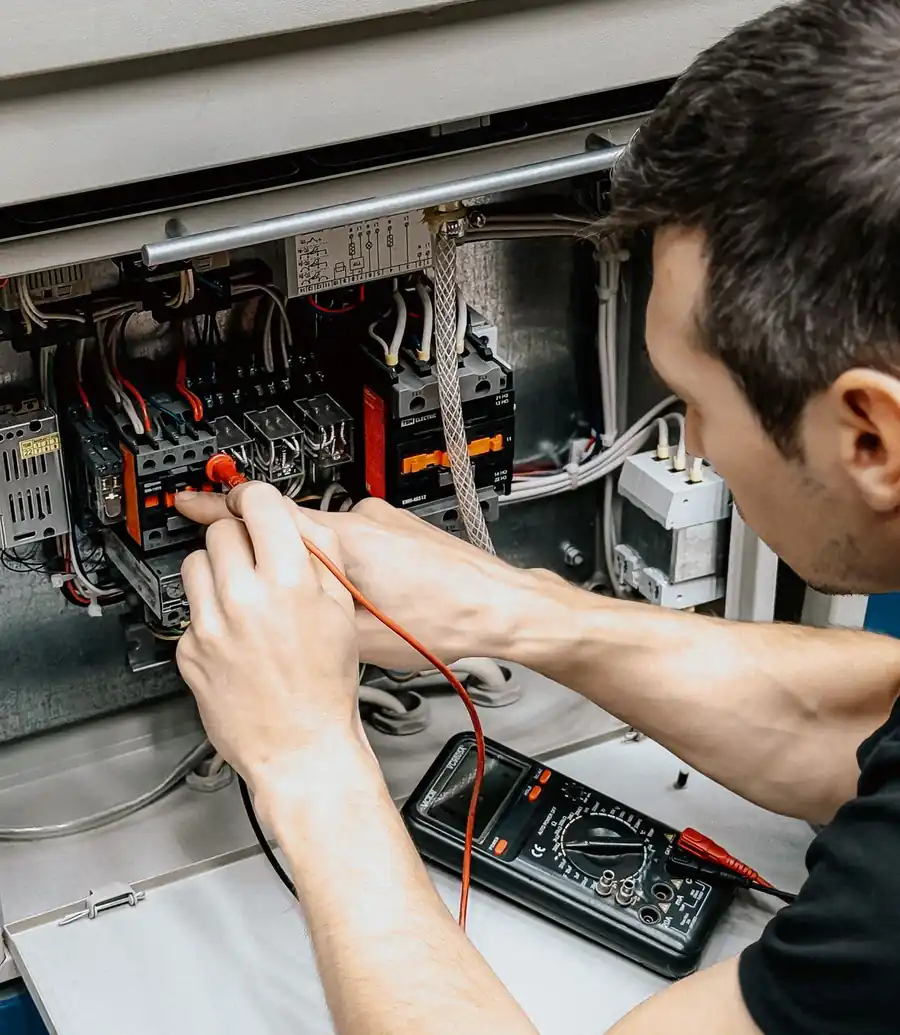 Electrician probing a live electrical panel with a multimeter