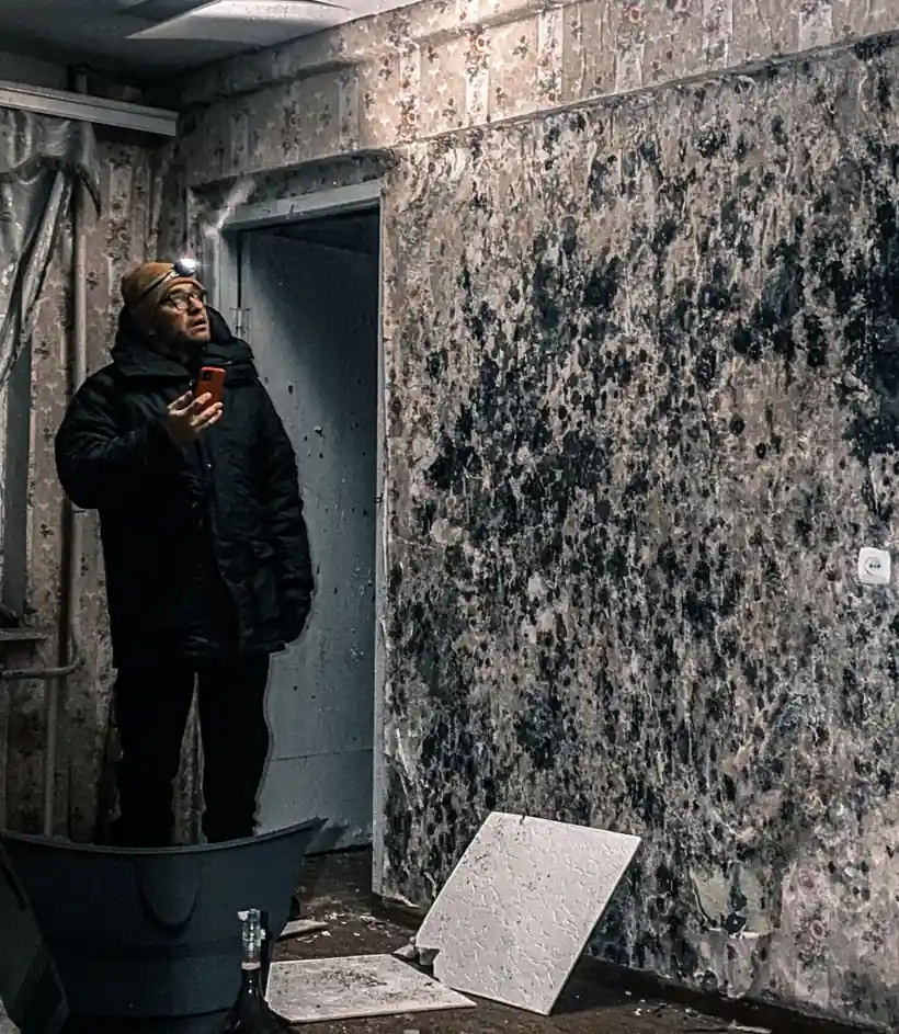 Restoration worker with a headlamp inspecting a water-damaged wall in low light
