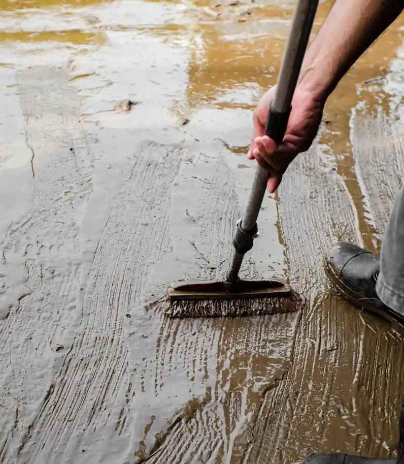 Person pushing a squeegee across a mud-covered, water-flooded floor