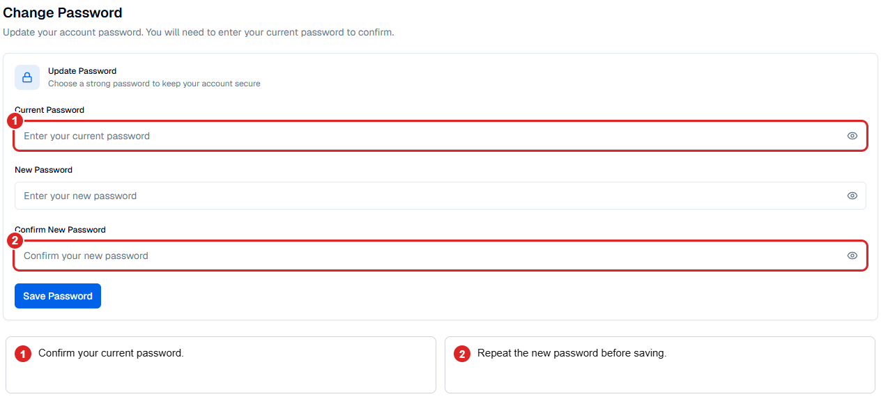Empty password-change form highlighting current password and confirmation fields.