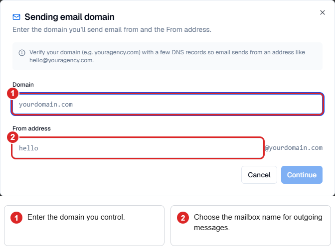 Sending-domain form highlighting the domain and outgoing-address name.