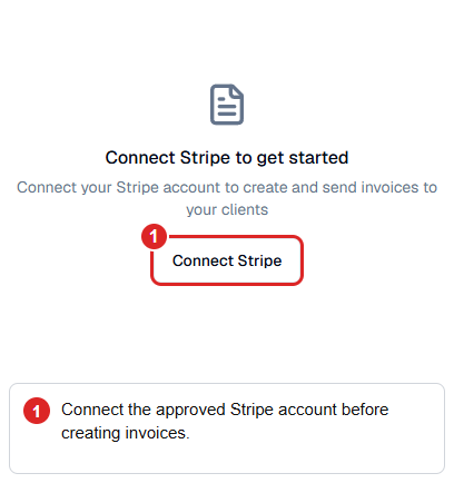 Invoice page explaining that a Stripe connection is required before creating invoices.