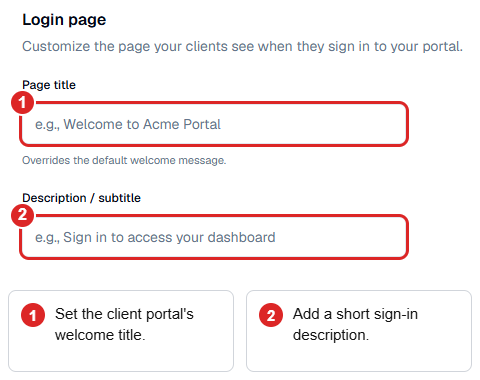 Empty login-page branding fields highlighting the welcome title and subtitle.