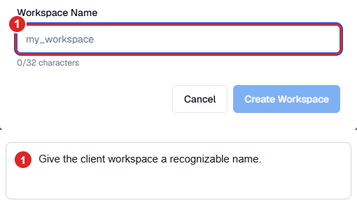 Blank client-workspace form with the workspace name highlighted.