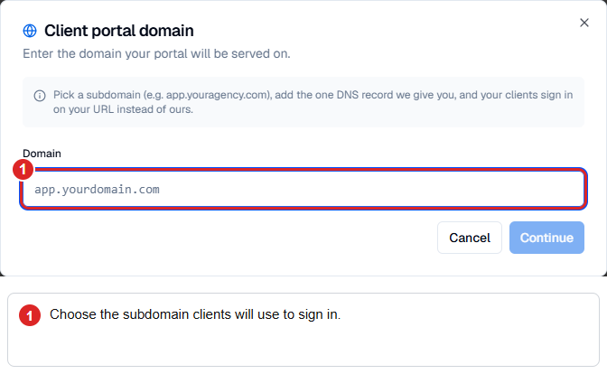 Portal-domain setup form highlighting the hostname clients will use.