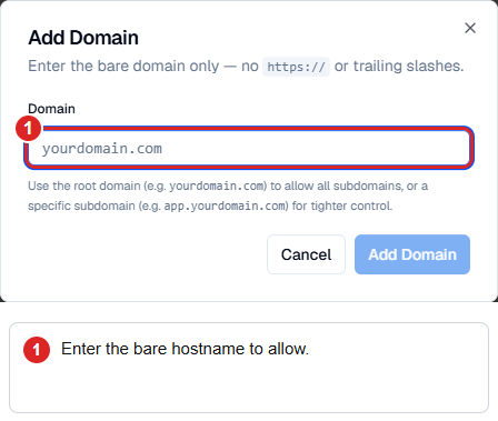 Add Domain dialog showing a hostname field and explaining that an allowed domain also permits its subdomains.