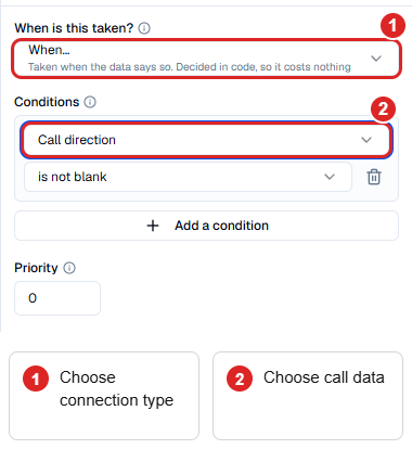 Advanced connection settings using When and a non-empty call-direction check.