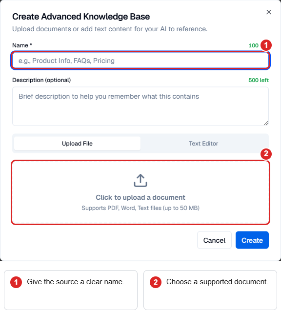 Empty Advanced knowledge-base form highlighting the source name and document-upload area.