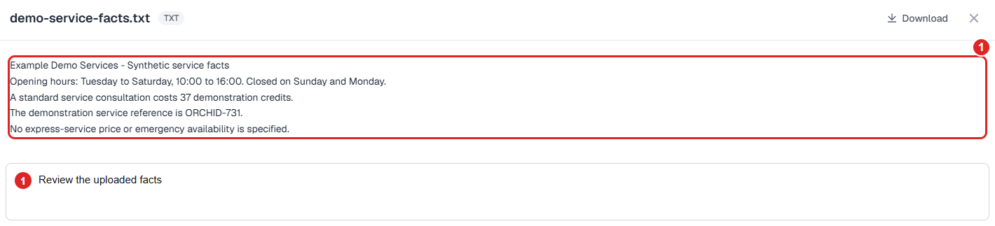 Uploaded synthetic text document opened in the viewer so its service facts can be checked.