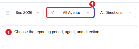 Analytics reporting-period, agent, and direction filters with the agent selector highlighted.