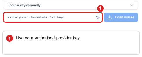 ElevenLabs custom-voice setup with its empty provider credential field highlighted.
