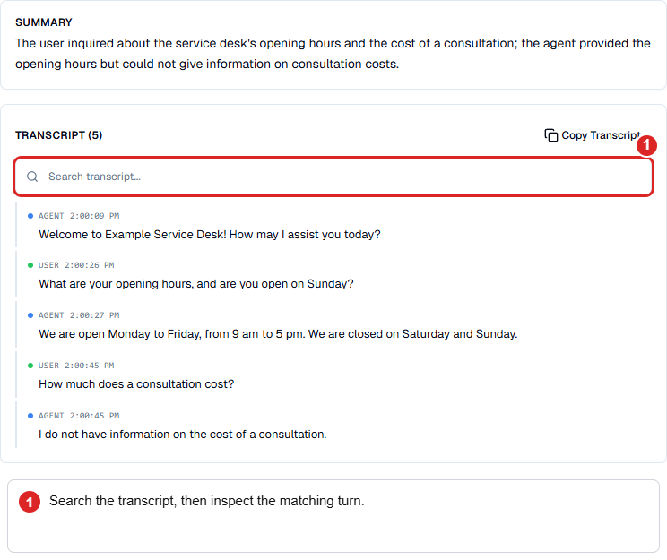 Summary and transcript of a synthetic conversation checking known opening hours and an unknown price.