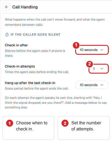 Call Handling silence settings showing check-in timing, allowed attempts, and the final grace period.