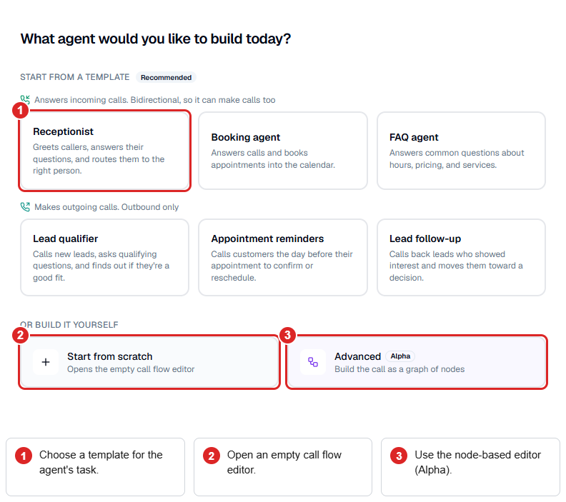 New agent chooser: 1 marks Receptionist, 2 marks Start from scratch, and 3 marks Advanced.