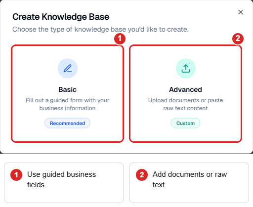 Knowledge-base chooser highlighting Basic for guided business fields and Advanced for documents or raw text.