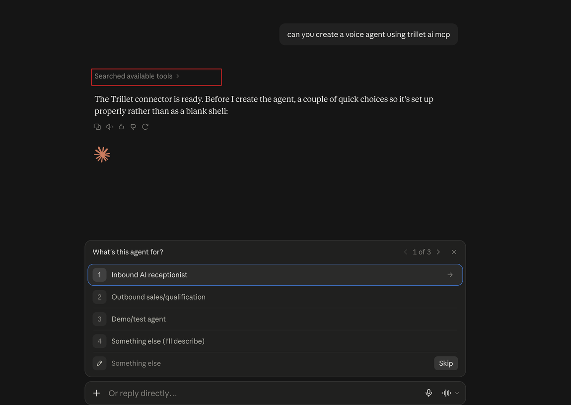 Claude chat after a request to create a voice agent. Searched available tools is outlined in red, and Claude confirms the connector is ready before asking setup questions.
