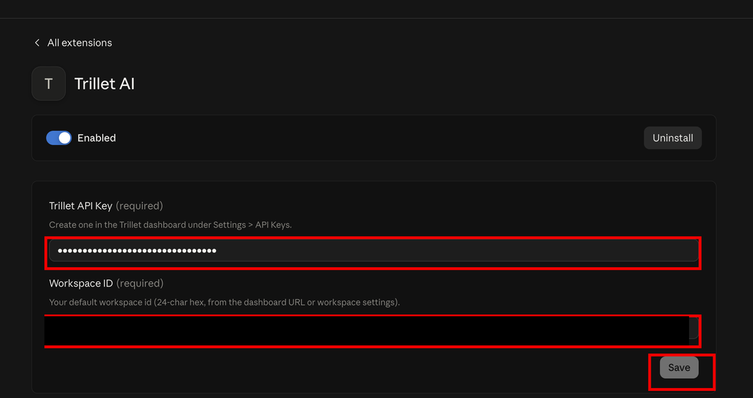 Extension configuration with the API key field, Workspace ID field, and Save outlined in red. Values are hidden.