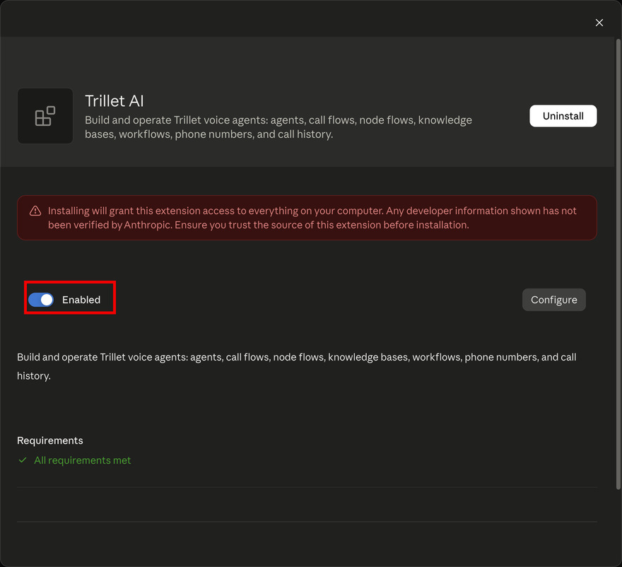 Desktop extension card with the Enabled toggle outlined in red, plus Configure and a trust warning.