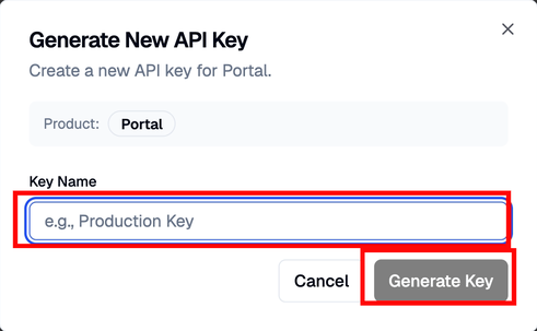 Generate New API Key dialog with Key Name and Generate Key outlined in red. Product is Portal.