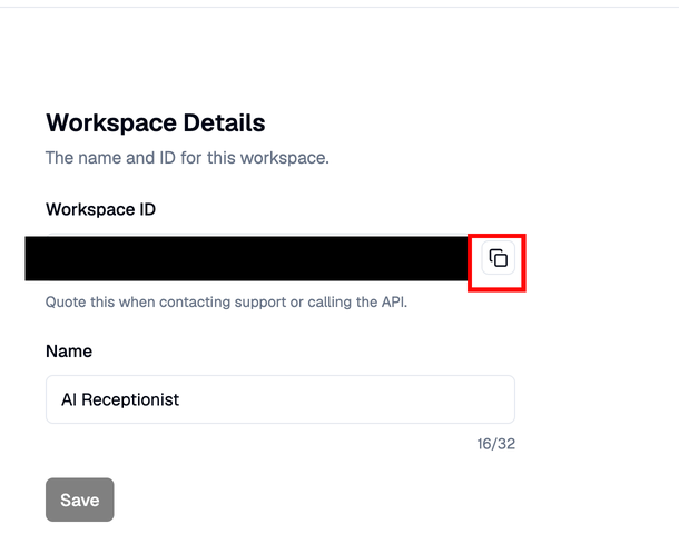 Workspace Details with the copy icon next to Workspace ID outlined in red. The ID value is hidden.