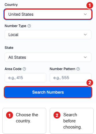 Available-number search filters highlighting the country selector and Search Numbers control; no number is selected or purchased.
