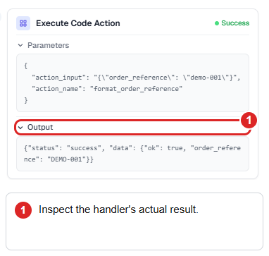 An interactive Code Action test shows the supplied demo-001 input and the successful DEMO-001 handler output.