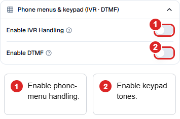 Phone menus and keypad section highlighting the separate IVR Handling and DTMF switches, both shown off.