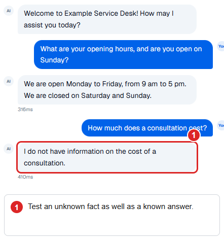 Synthetic test conversation answering the supplied opening hours and declining to invent an unknown price.