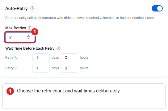 Batch Auto-Retry settings showing the retry-count and waiting-period controls.