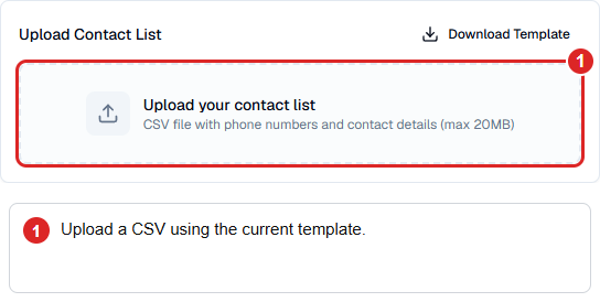 Batch CSV import area with template download and file upload controls.