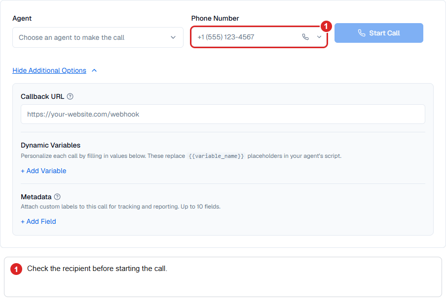 Single-call form with additional options expanded and no recipient or agent selected.