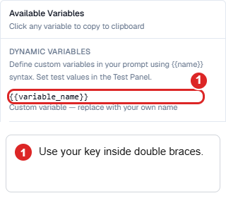 Dynamic-variable picker showing the generic variable_name syntax and instructions to replace it with your own key.